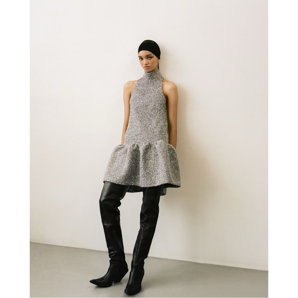 NWT AKNVAS Silver Tinsel Knit Sculptural Mini Dress